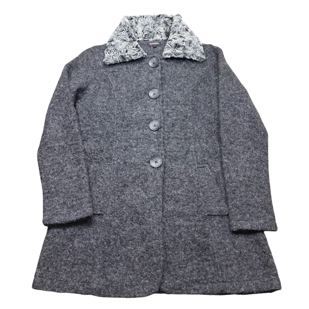 Marisol Italy Women Charcoal Grey Wool Blend Faux Fur Collar Button Front Coat L